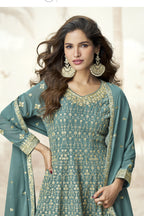 Teal Georgette Palazzo Suit For Indian & Pakistani Wedding Festival - Embroidery Work