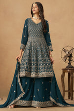 Teal Georgette Plazo Suit For Indian & Pakistani Wedding Festival - Thread & Sequins Embroidery Work