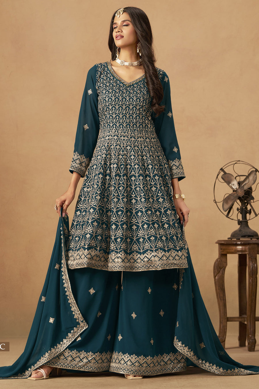 Teal Georgette Plazo Suit For Indian & Pakistani Wedding Festival - Thread & Sequins Embroidery Work