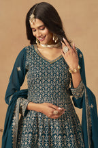 Teal Georgette Plazo Suit For Indian & Pakistani Wedding Festival - Thread & Sequins Embroidery Work