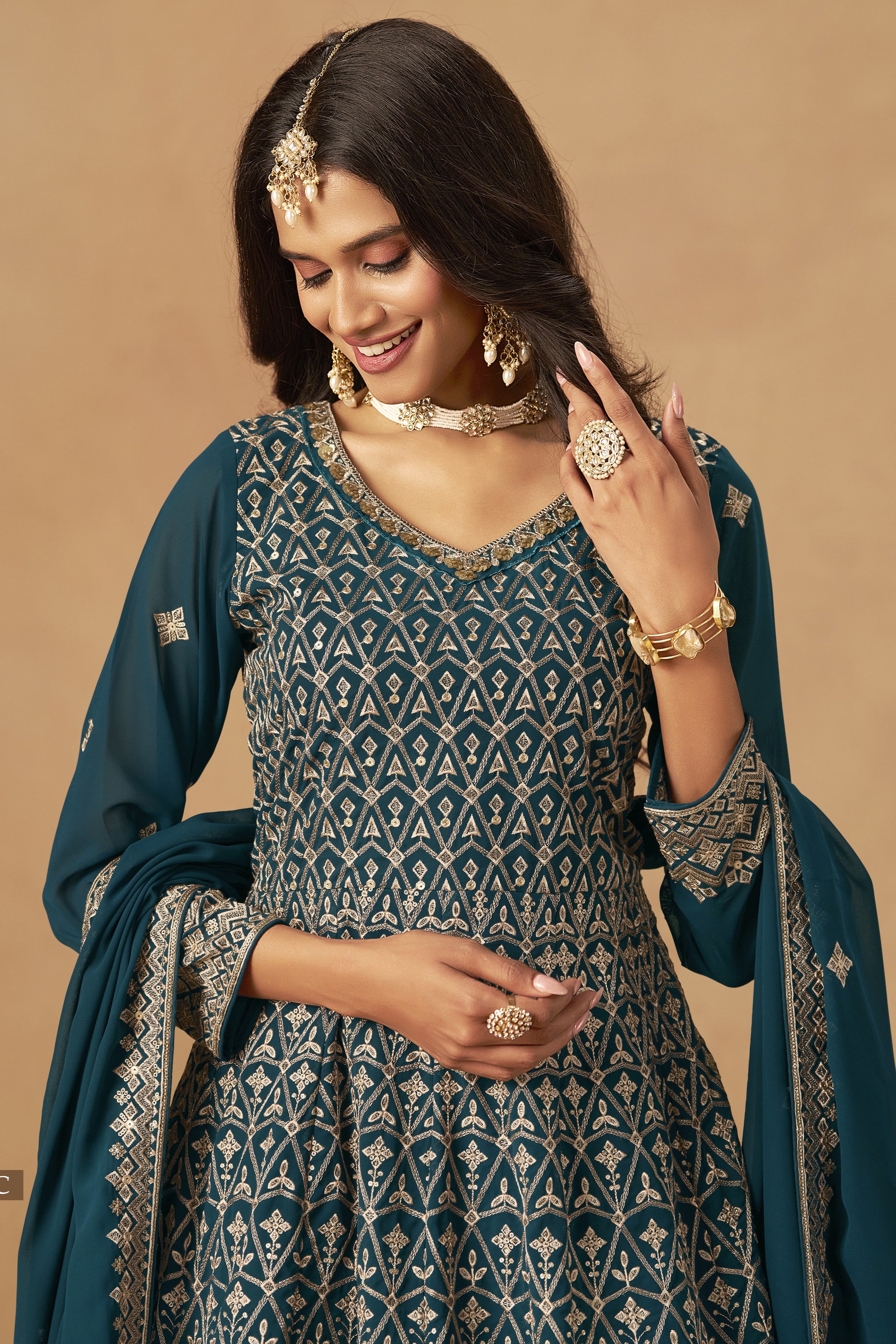 Teal Georgette Plazo Suit For Indian & Pakistani Wedding Festival - Thread & Sequins Embroidery Work