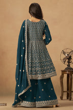Teal Georgette Plazo Suit For Indian & Pakistani Wedding Festival - Thread & Sequins Embroidery Work