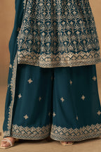 Teal Georgette Plazo Suit For Indian & Pakistani Wedding Festival - Thread & Sequins Embroidery Work
