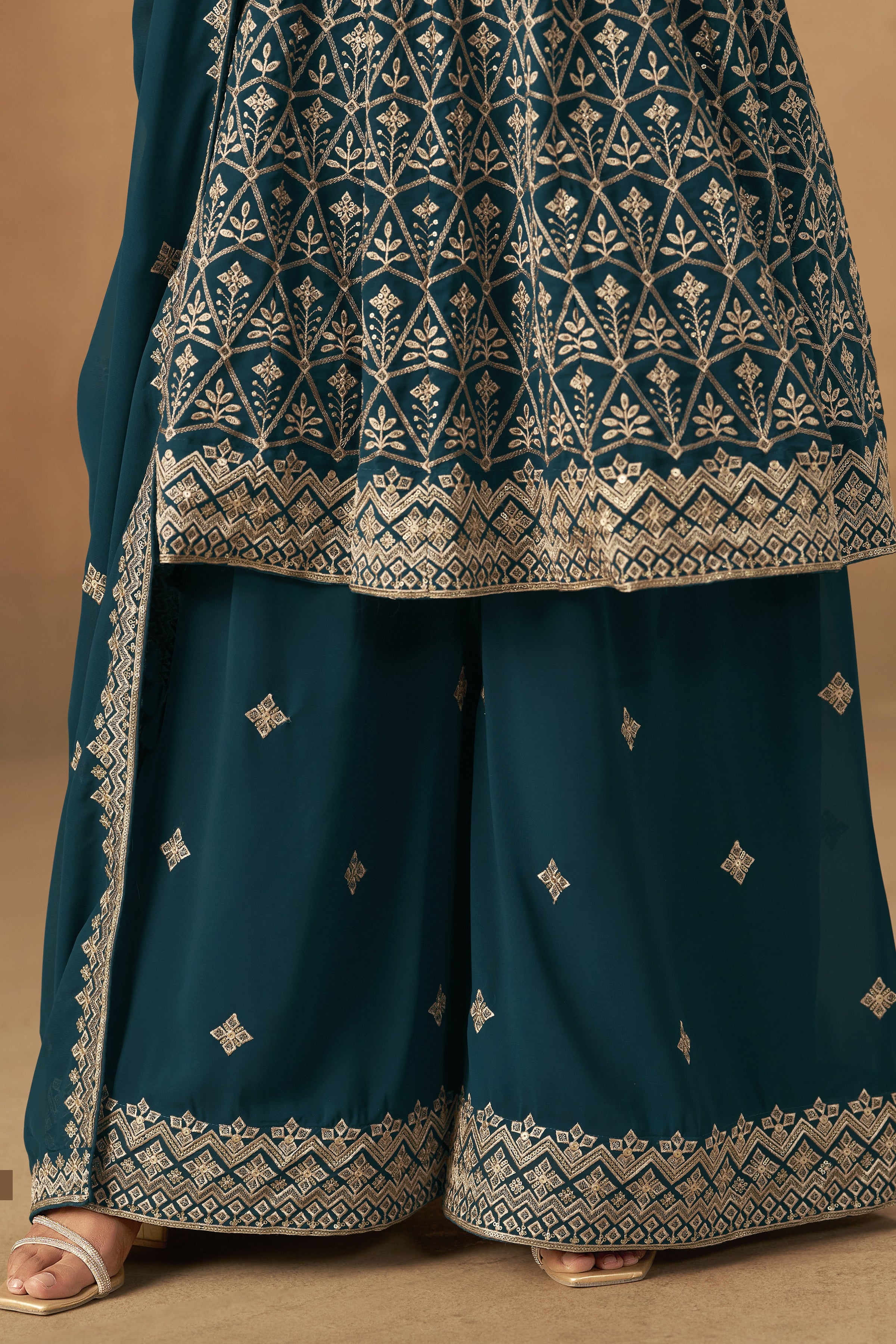 Teal Georgette Plazo Suit For Indian & Pakistani Wedding Festival - Thread & Sequins Embroidery Work