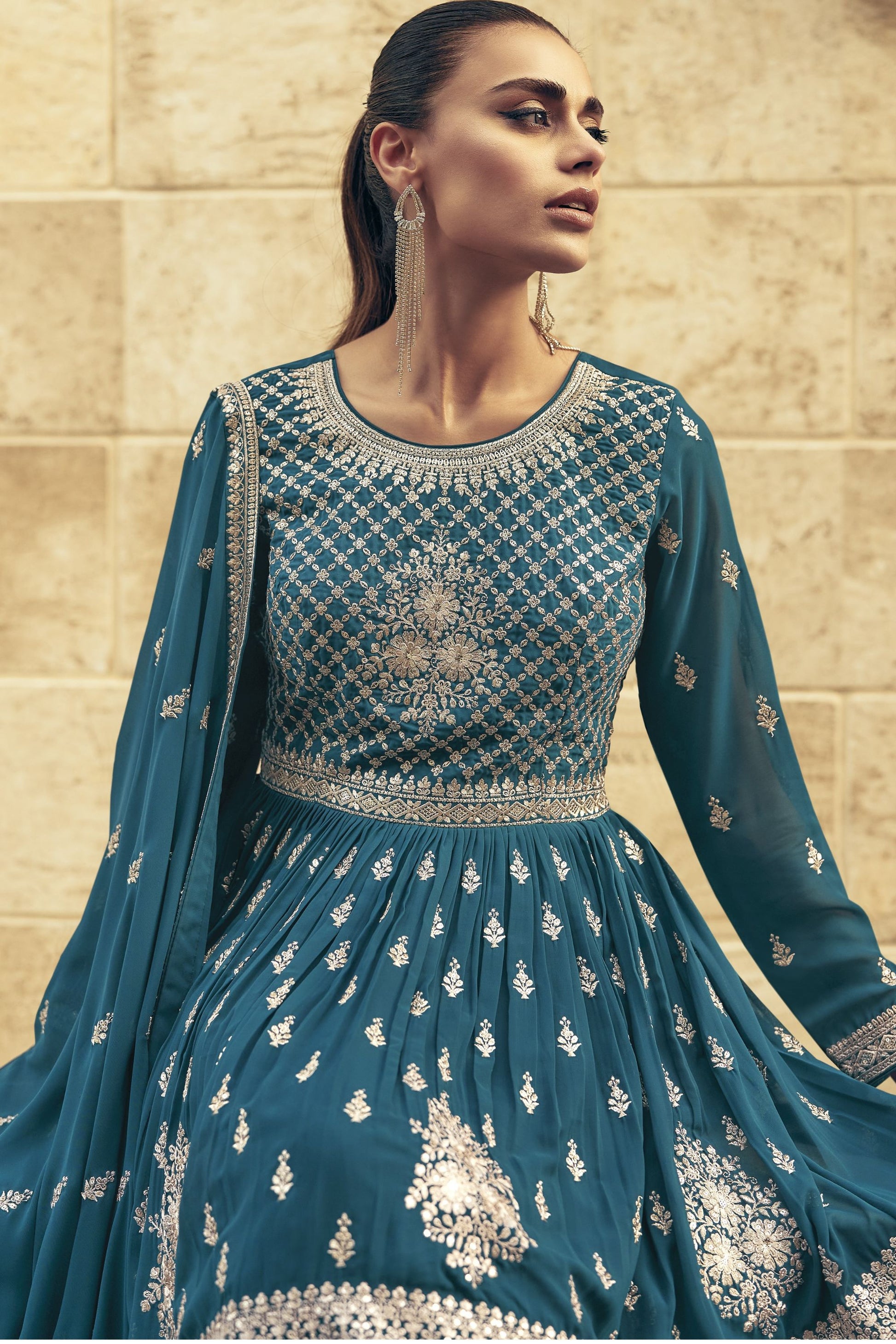 Teal Georgette Salwar Kameez For Indian & Pakistani Party, Festivals & Weddings - Thread Embroidery Work