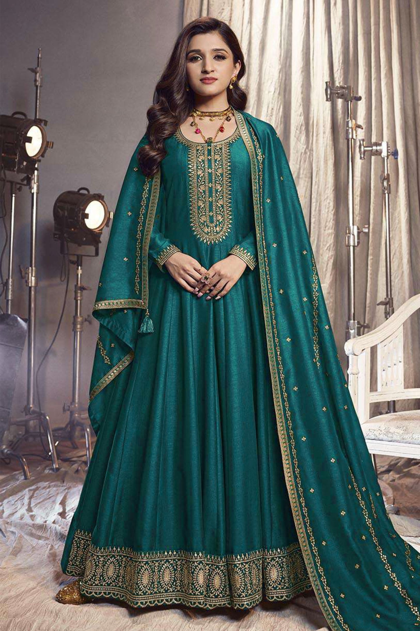 Teal Georgette Silk Anarkali Suit For Indian Festivals & Pakistani Weddings Dress - Embroidery Work