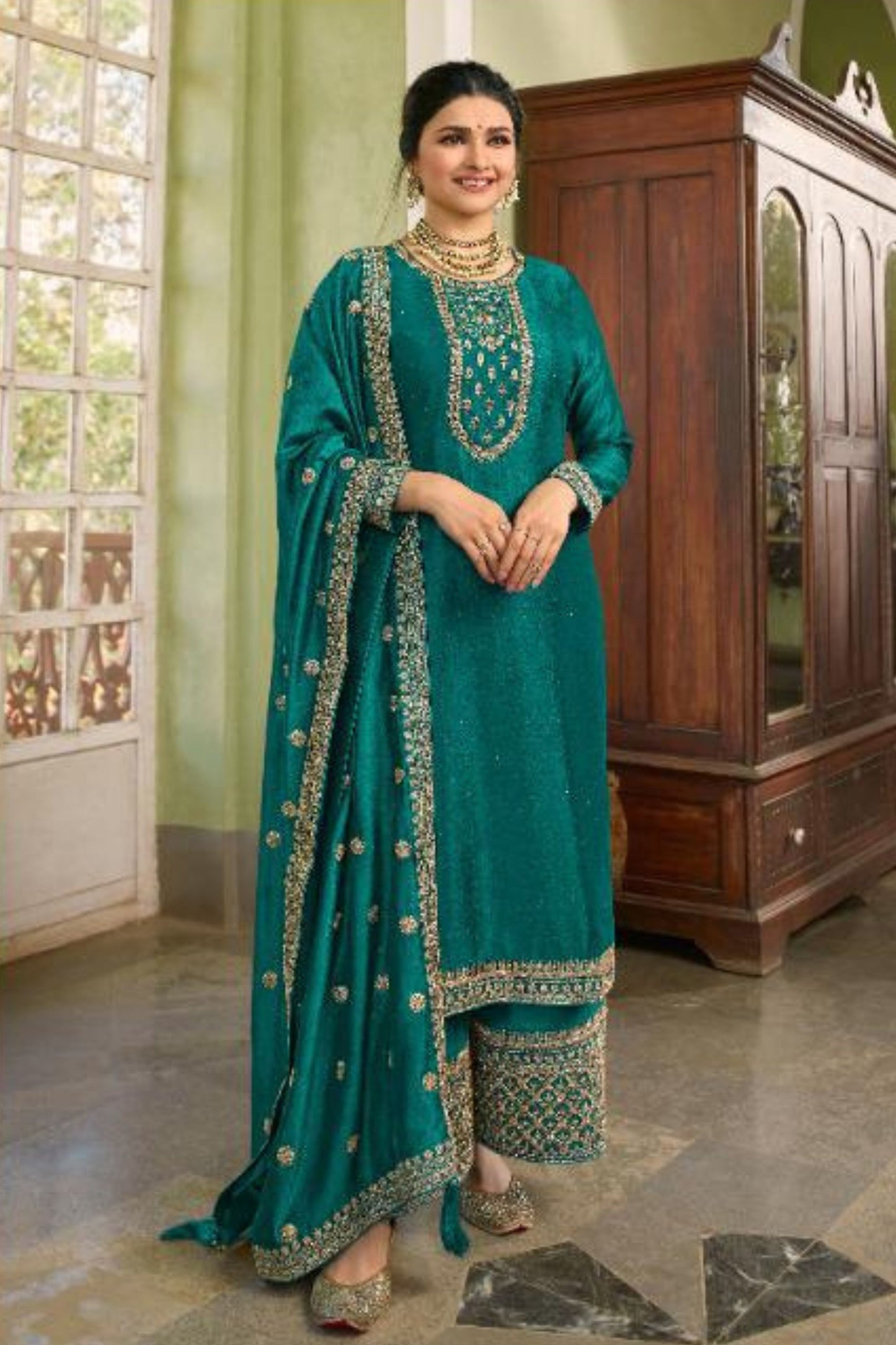 Teal Georgette Silk Salwar Kameez Suit For Indian Festivals & Pakistani Weddings Dress - Thread Embroidery Work