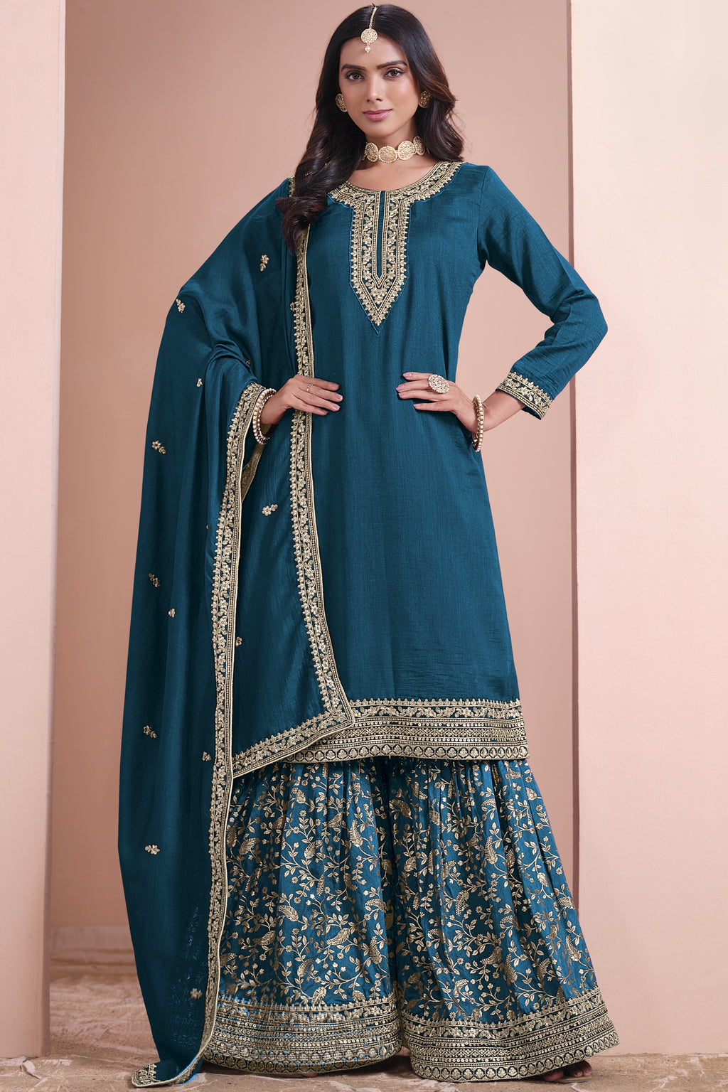 Dark Peacock Green Art Silk Palazzo Suit For Indian Wedding & Pakistani Festival - Embroidery Work