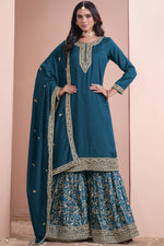 Teal Green Art Silk Sharara Suit Dress of Gharara for Sangeet - Embroidery Work