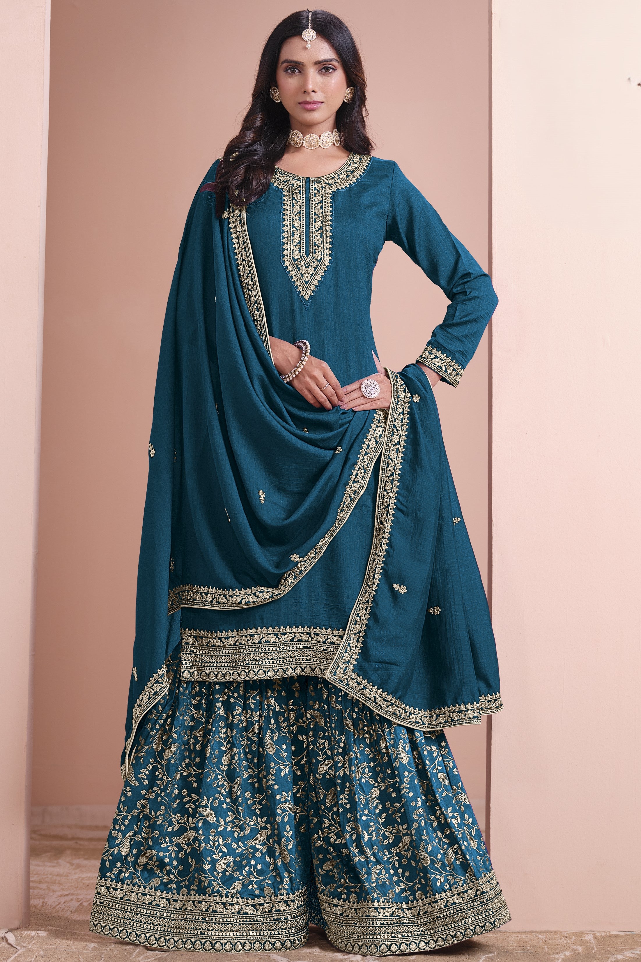 Dark Peacock Green Art Silk Palazzo Suit For Indian Wedding & Pakistani Festival - Embroidery Work