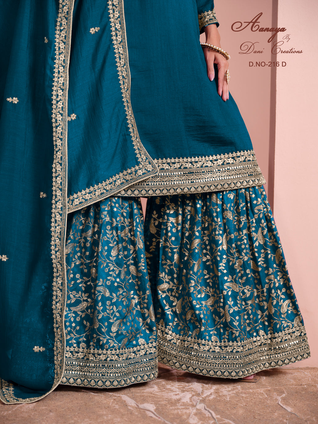 Dark Peacock Green Art Silk Palazzo Suit For Indian Wedding & Pakistani Festival - Embroidery Work