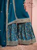 Dark Peacock Green Art Silk Palazzo Suit For Indian Wedding & Pakistani Festival - Embroidery Work
