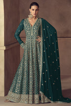 Teal Green Chinon Silk Anarkali Suit For Indian & Pakistani Wedding Festival - Thread & Sequence Embroidery