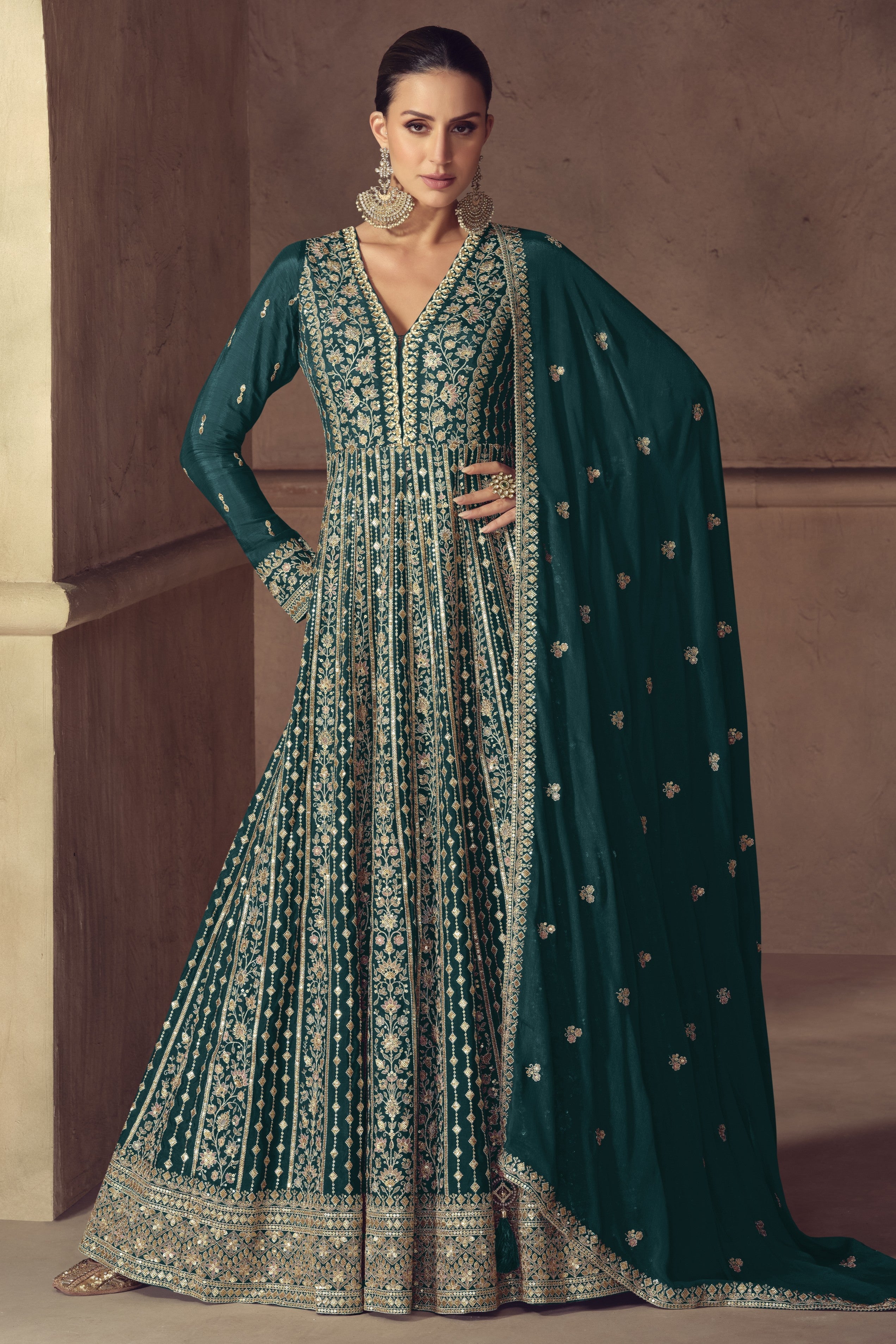 Teal Green Chinon Silk Anarkali Suit For Indian & Pakistani Wedding Festival - Thread & Sequence Embroidery