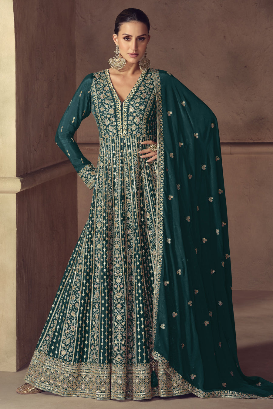 Teal Green Chinon Silk Anarkali Suit For Indian & Pakistani Wedding Festival - Thread & Sequence Embroidery