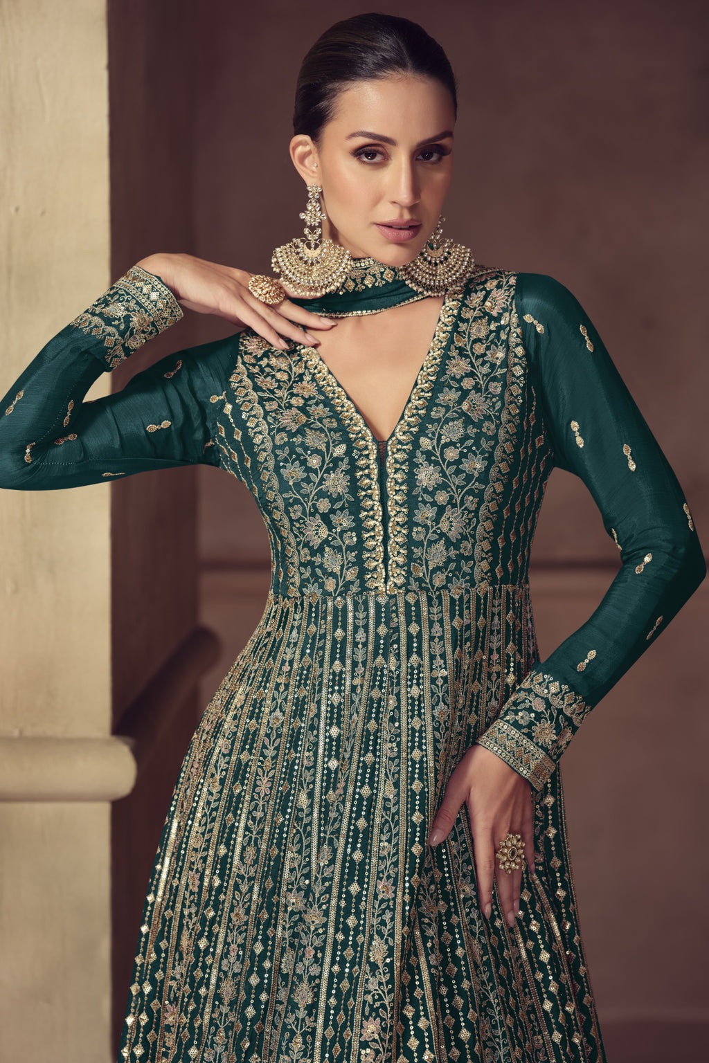 Teal Green Chinon Silk Anarkali Suit For Indian & Pakistani Wedding Festival - Thread & Sequence Embroidery