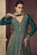 Teal Green Chinon Silk Anarkali Suit For Indian & Pakistani Wedding Festival - Thread & Sequence Embroidery