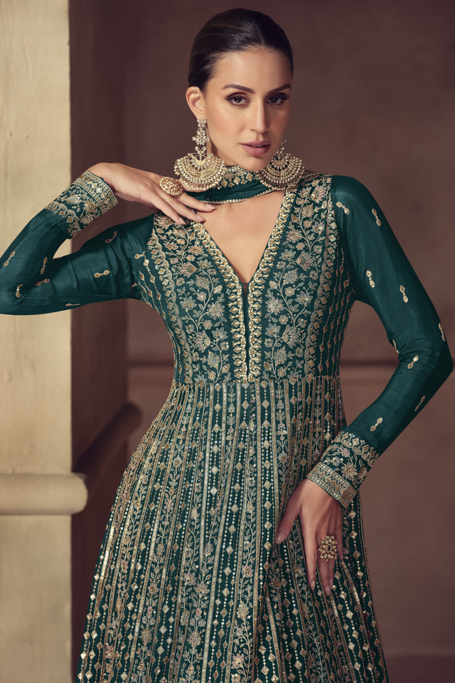Teal Green Chinon Silk Anarkali Suit For Indian & Pakistani Wedding Festival - Thread & Sequence Embroidery
