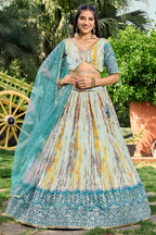 Teal Green Chinon Silk Printed Lehenga Choli with Zari and Sequins Work