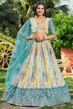 Teal Green Chinon Silk Printed Lehenga Choli with Zari and Sequins Work