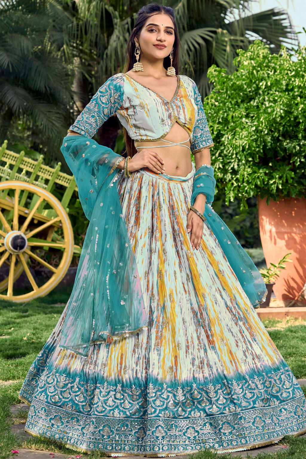 Rama Chinon Silk Printed Lehenga Choli with Zari and Sequins Work