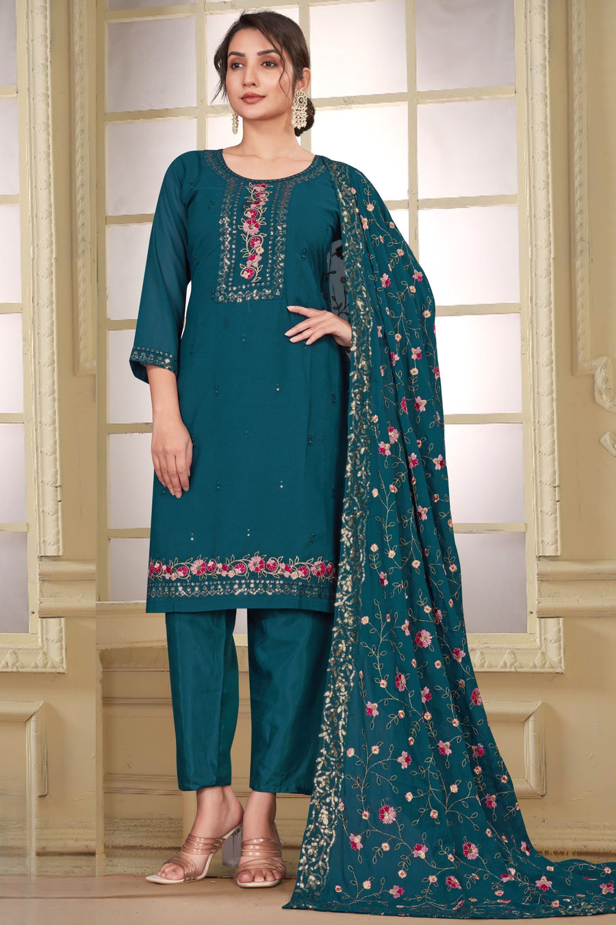 Teal Green Georgette Kameez with Pant For Indian Wedding & Festival - Embroidery Work