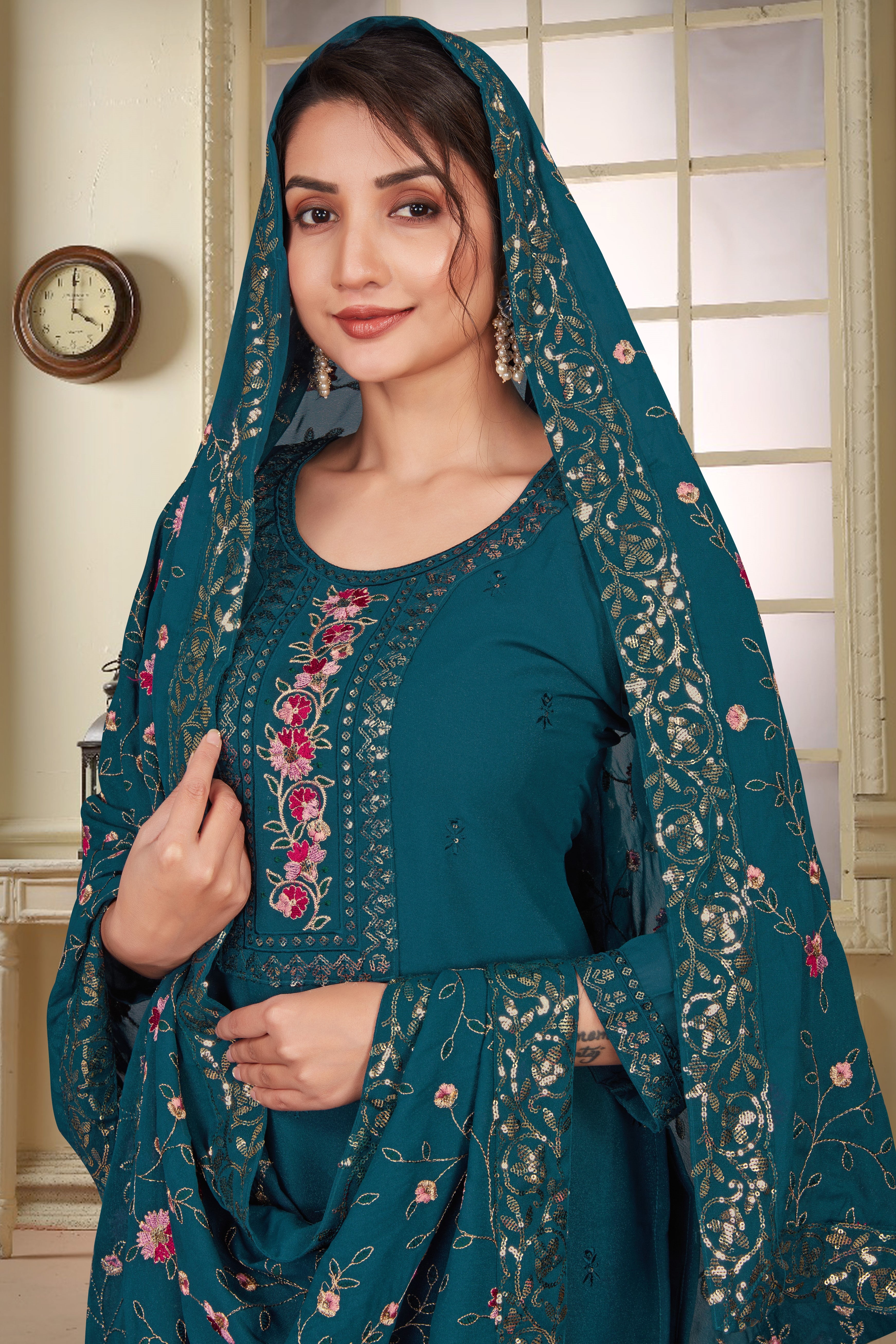 Dark Peacock Green Georgette Kameez with Pant For Indian Wedding & Festival - Embroidery Work