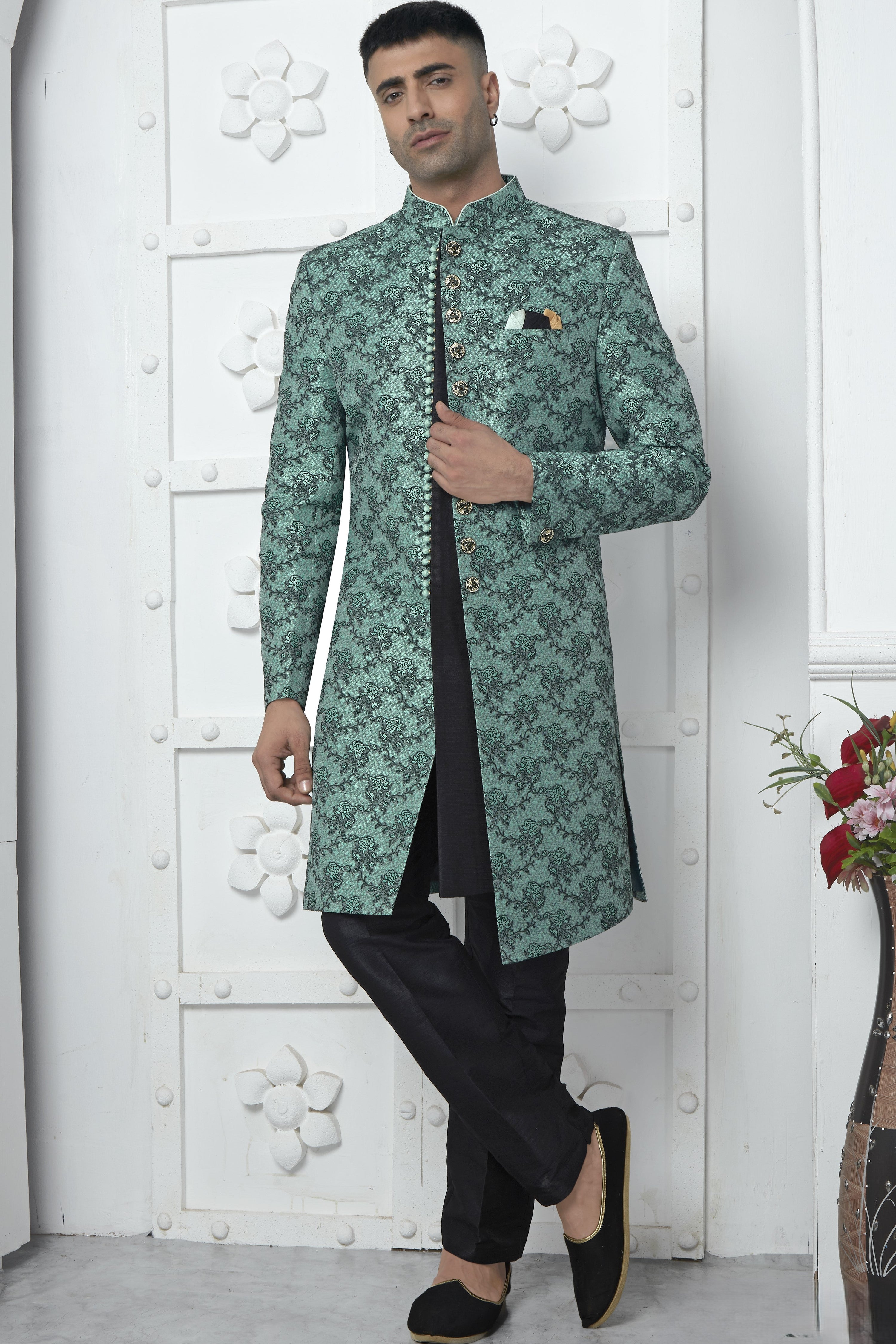 Teal Green Jacquard Silk Indo Western Suit Long Kurta with Jacket & Pant for Men for Wedding - Jacquard Work