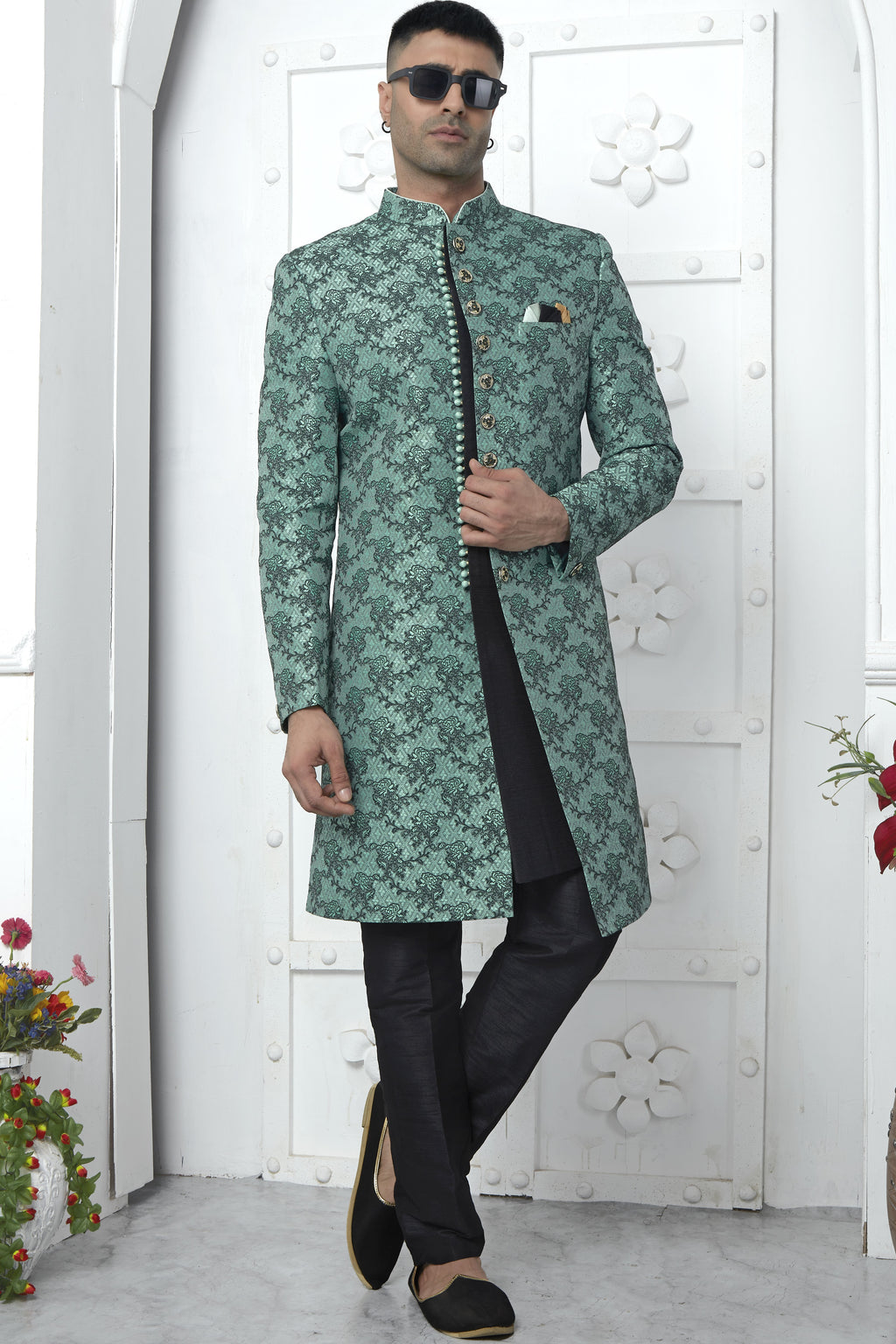 Teal Green Jacquard Silk Indo Western Suit Long Kurta with Jacket & Pant for Men for Wedding - Jacquard Work