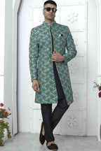 Teal Green Jacquard Silk Indo Western Suit Long Kurta with Jacket & Pant for Men for Wedding - Jacquard Work