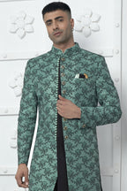 Teal Green Jacquard Silk Indo Western Suit Long Kurta with Jacket & Pant for Men for Wedding - Jacquard Work