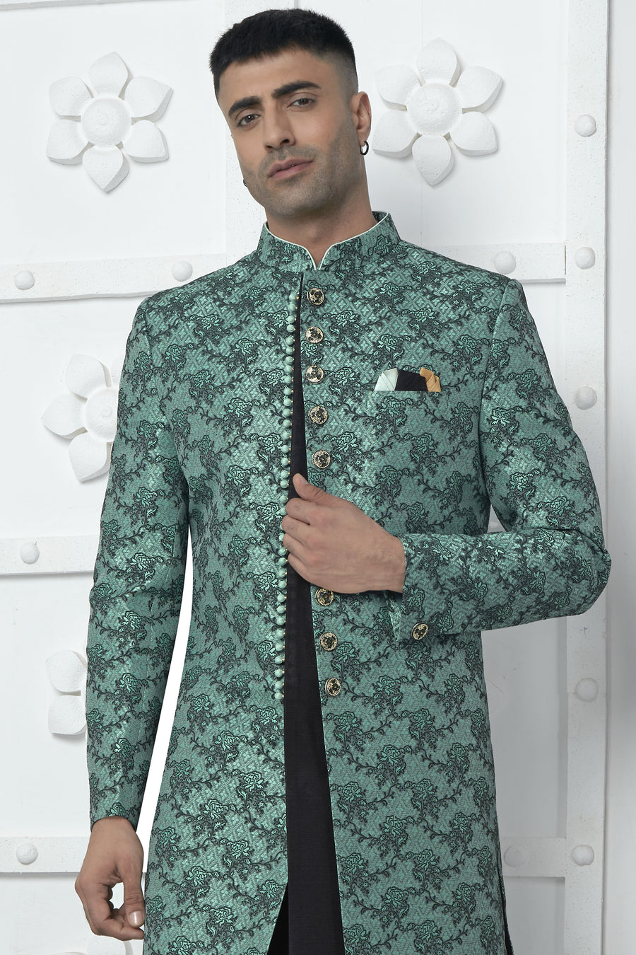 Teal Green Jacquard Silk Indo Western Suit Long Kurta with Jacket & Pant for Men for Wedding - Jacquard Work