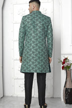 Teal Green Jacquard Silk Indo Western Suit Long Kurta with Jacket & Pant for Men for Wedding - Jacquard Work
