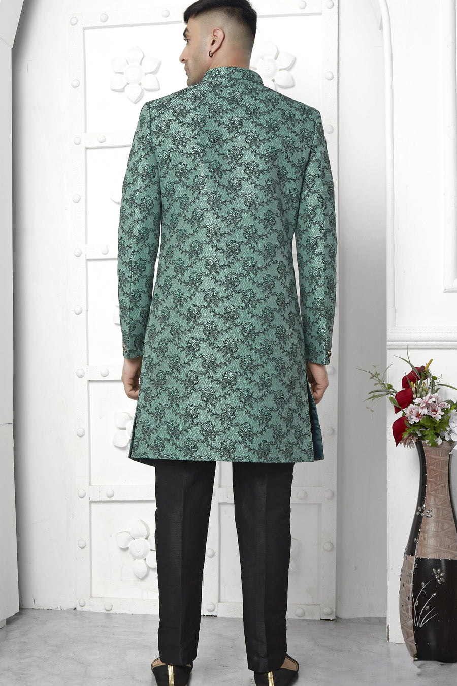 Teal Green Jacquard Silk Indo Western Suit Long Kurta with Jacket & Pant for Men for Wedding - Jacquard Work