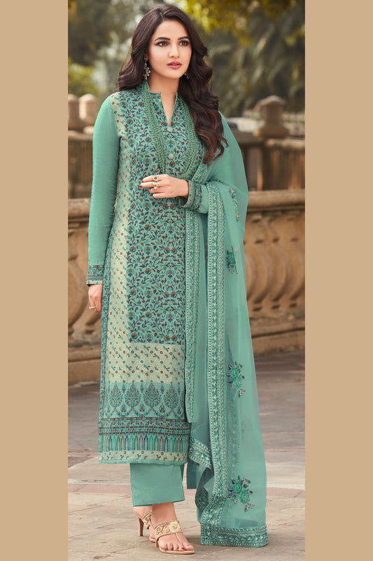 Teal Jacquard Kameez with Pant For Indian Suit Festivals & Pakistani Weddings - Embroidery Work