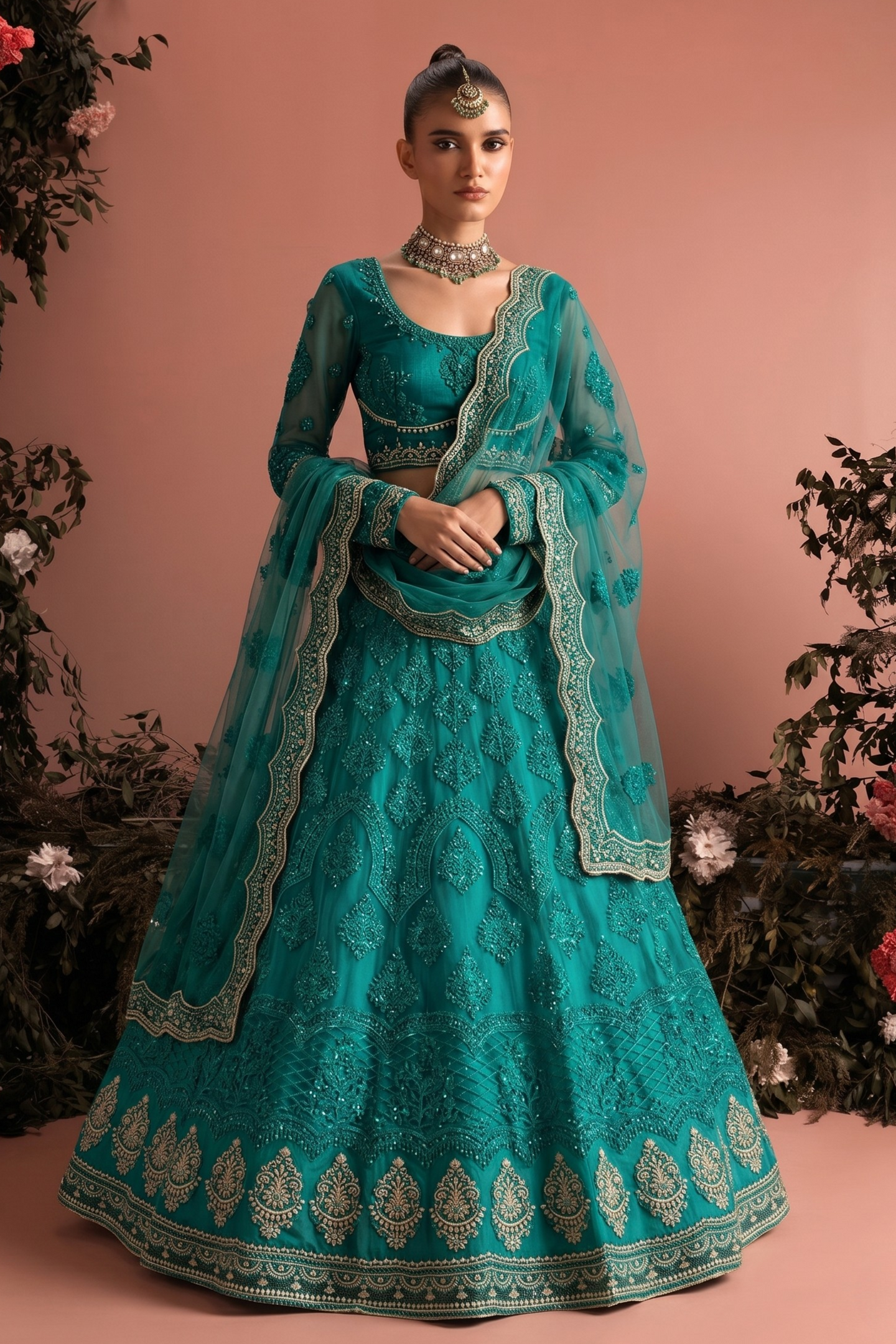 Rama Net Long Sleeves Lehenga Choli for Wedding Guest with Thread and Sequins Embroidery