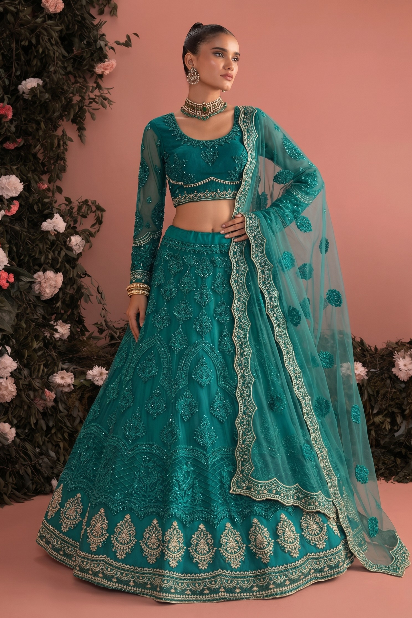 Rama Net Long Sleeves Lehenga Choli for Wedding Guest with Thread and Sequins Embroidery