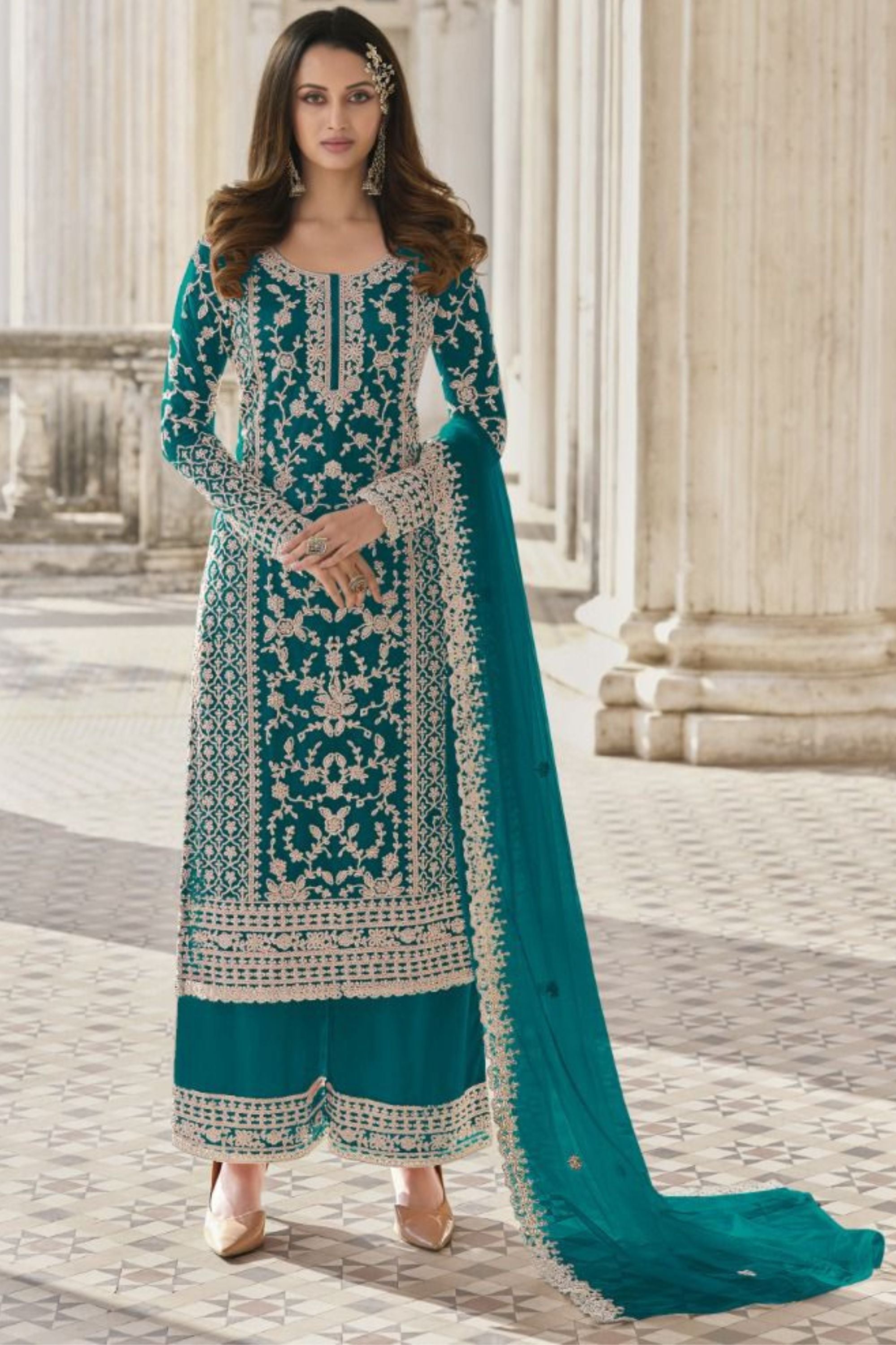 Teal Net & Cording Work Salwar Kameez Plazzo Suit For Indian Wedding & Festival - Embroidery Work, Cording Work