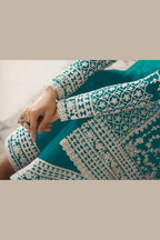 Teal Net & Cording Work Salwar Kameez Plazzo Suit For Indian Wedding & Festival - Embroidery Work, Cording Work