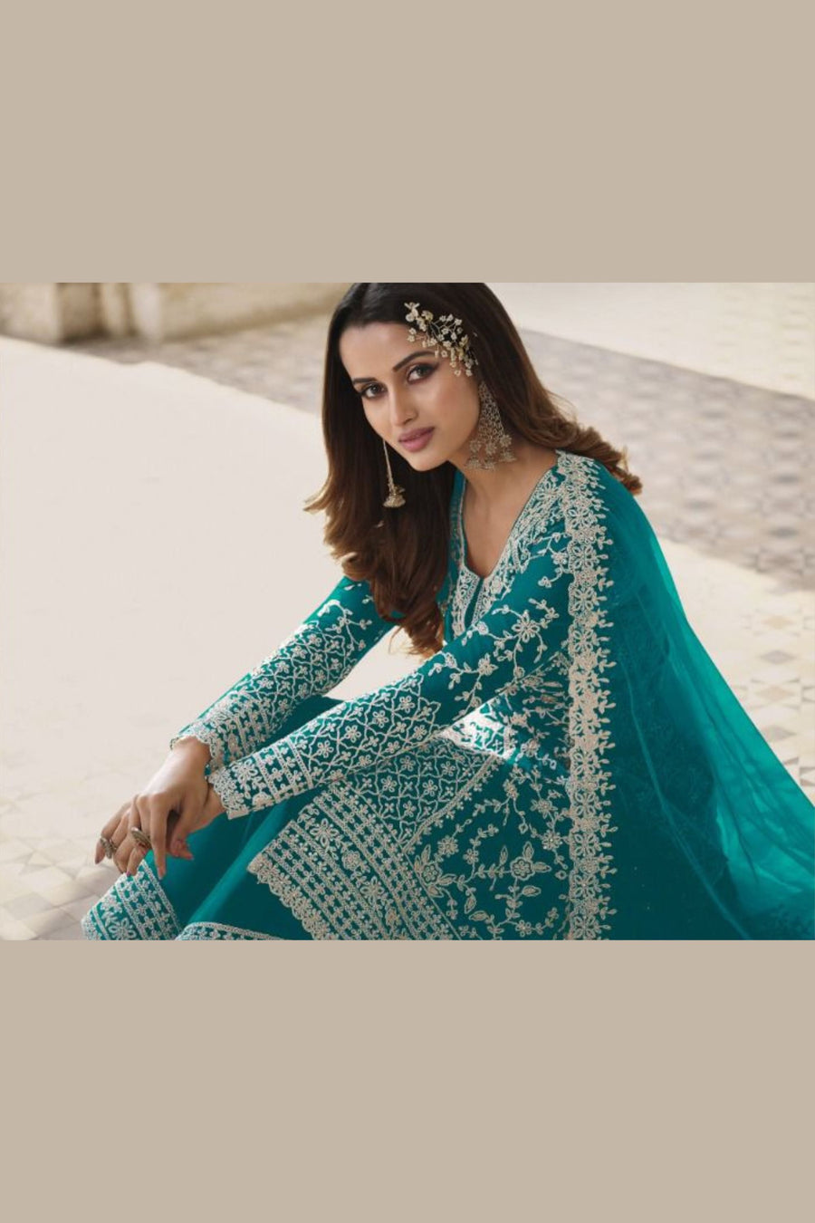 Teal Net & Cording Work Salwar Kameez Plazzo Suit For Indian Wedding & Festival - Embroidery Work, Cording Work