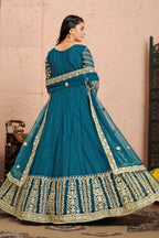 Teal Net Full Floor Length Anarkali Dress For Indian Festivals & Weddings - Embroidery Work