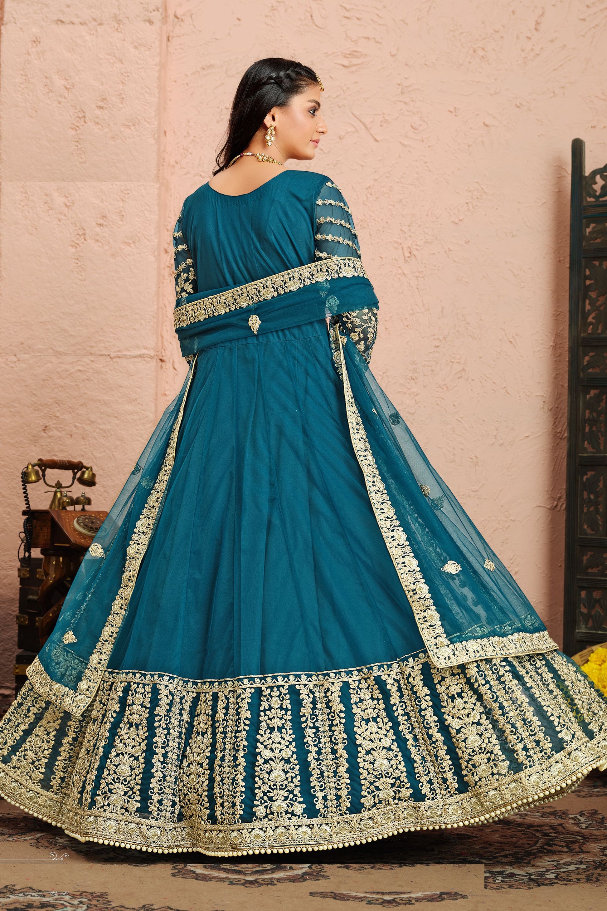 Teal Net Full Floor Length Anarkali Dress For Indian Festivals & Weddings - Embroidery Work