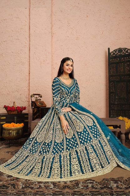 Teal Net Full Floor Length Anarkali Dress For Indian Festivals & Weddings - Embroidery Work