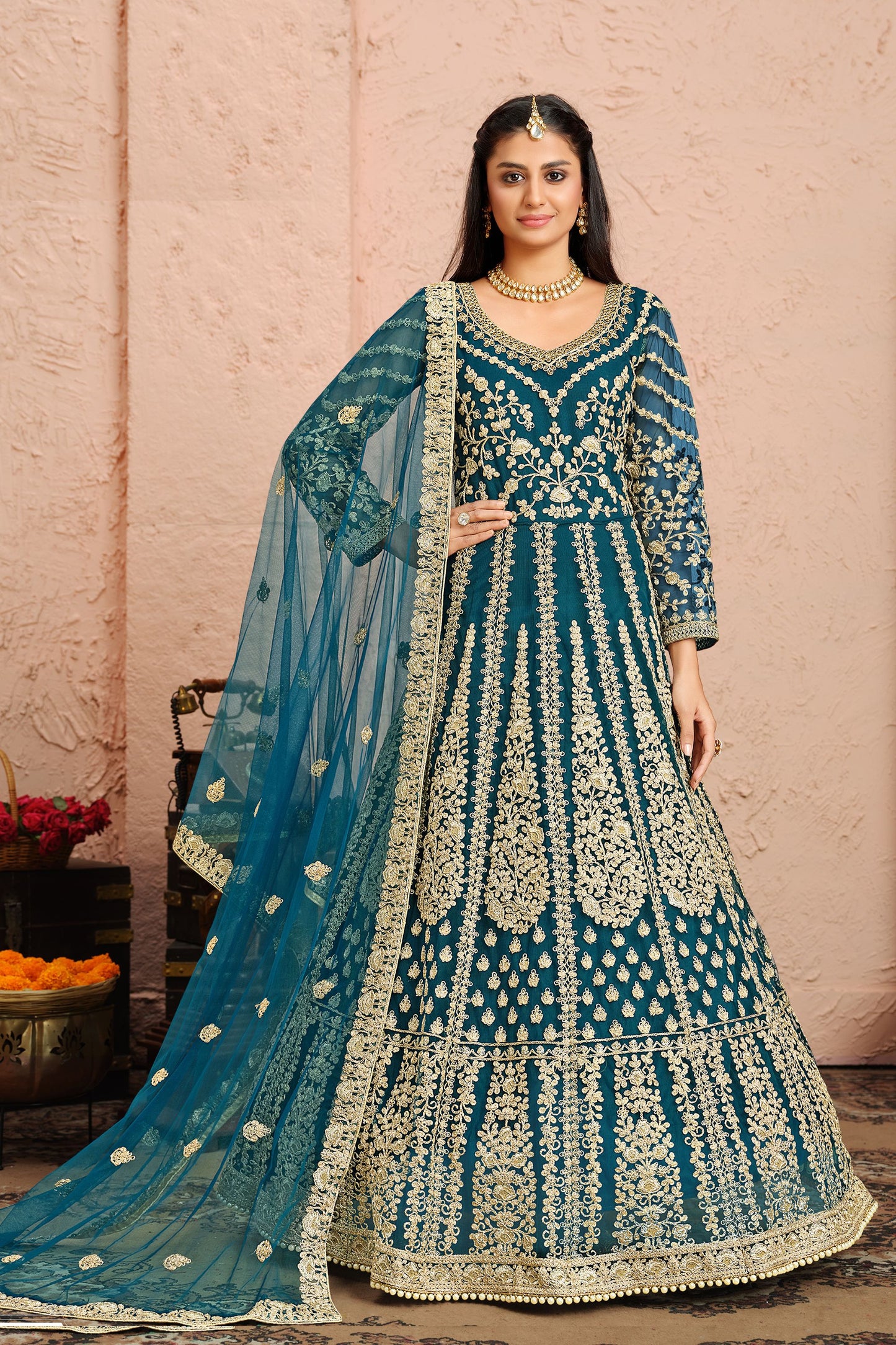 Teal Net Full Floor Length Anarkali Dress For Indian Festivals & Weddings - Embroidery Work