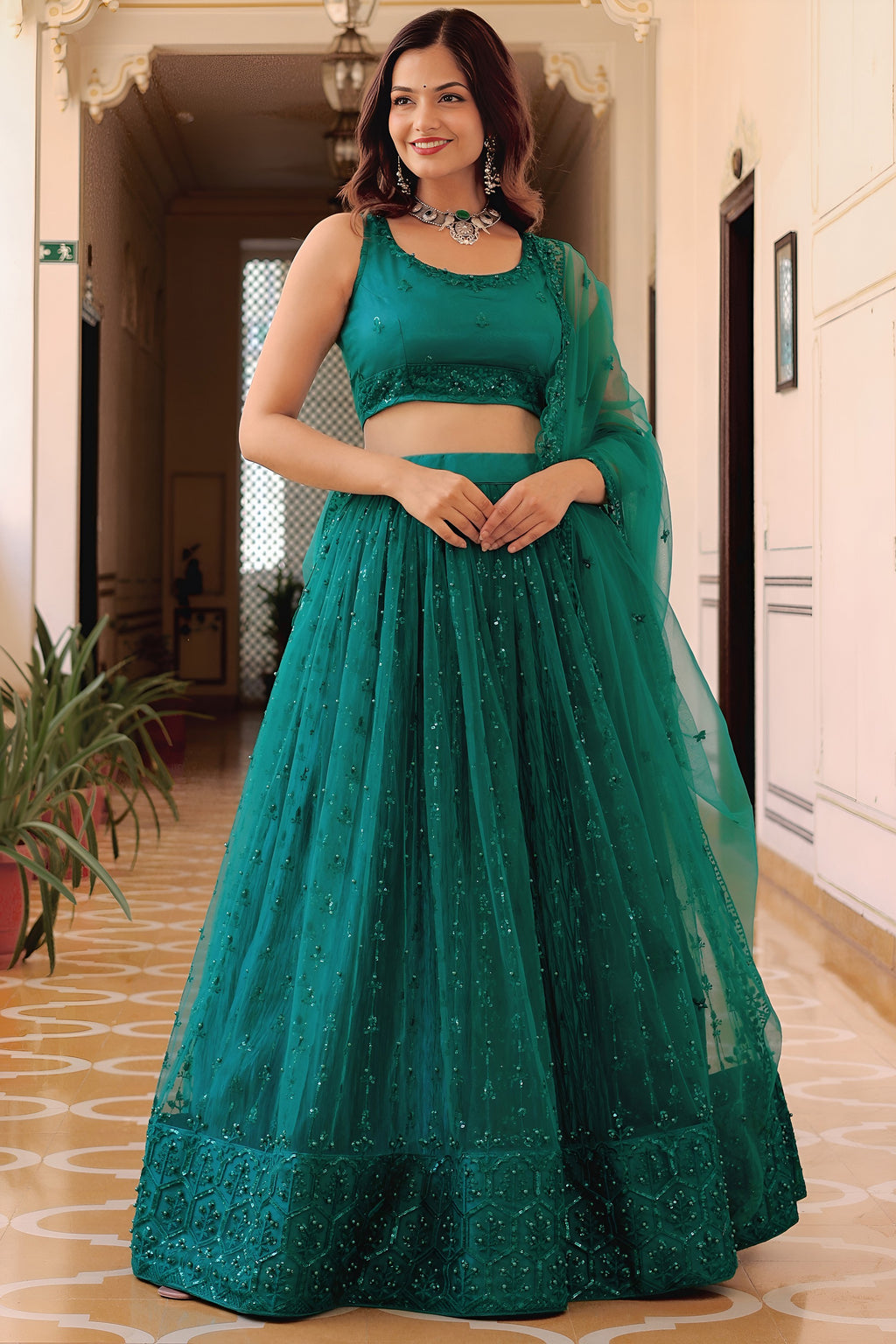 Teal Net Lehenga Choli For Indian & Pakistani Wedding Festival - Sequins & Thread Embroidery Work, Pearl Work