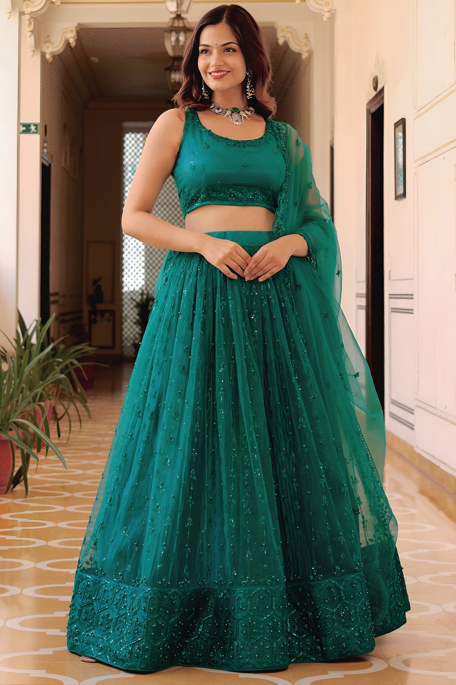 Teal Net Lehenga Choli For Indian & Pakistani Wedding Festival - Sequins & Thread Embroidery Work, Pearl Work