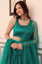 Teal Net Lehenga Choli For Indian & Pakistani Wedding Festival - Sequins & Thread Embroidery Work, Pearl Work