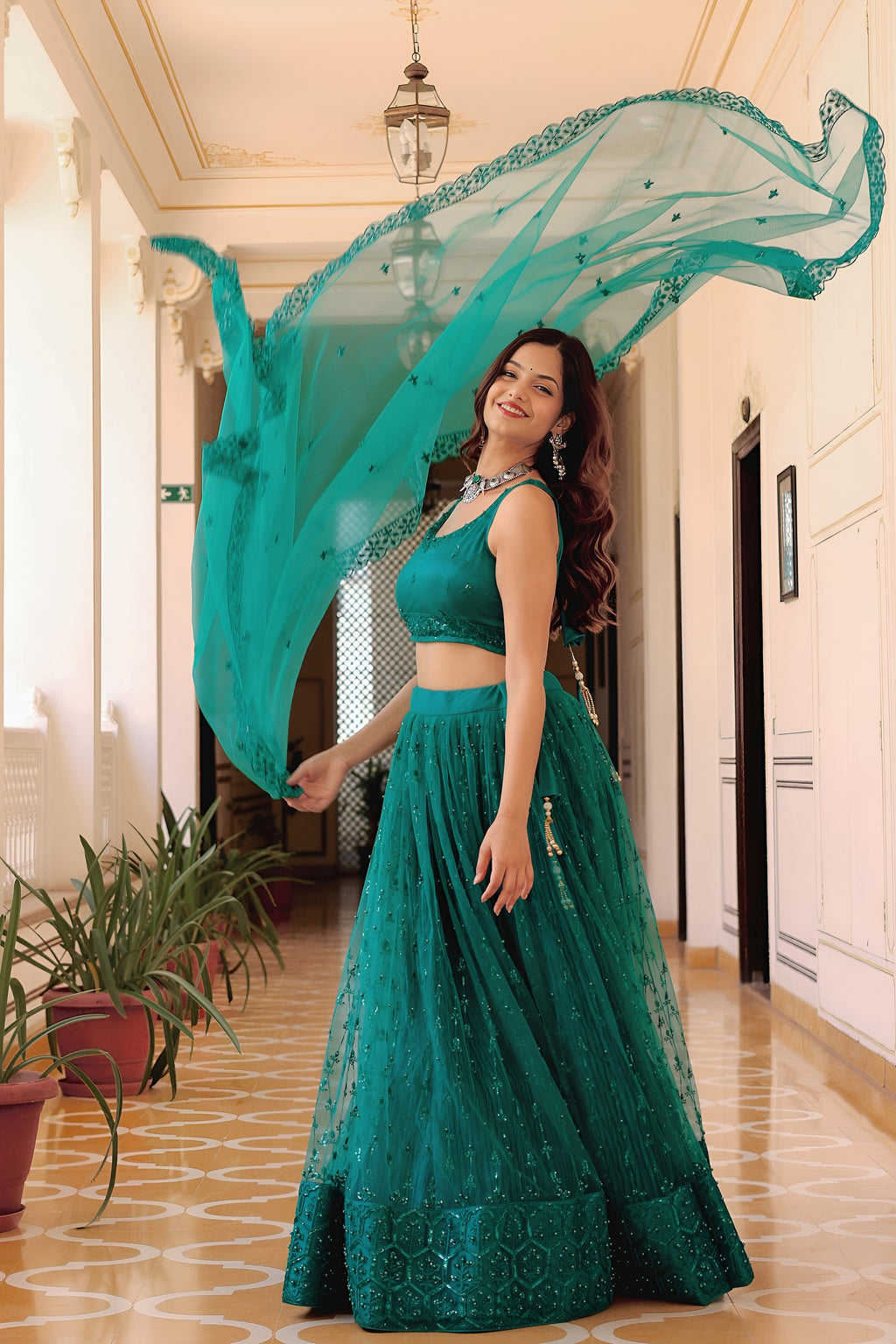 Teal Net Lehenga Choli For Indian & Pakistani Wedding Festival - Sequins & Thread Embroidery Work, Pearl Work