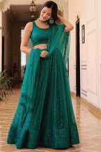Teal Net Lehenga Choli For Indian & Pakistani Wedding Festival - Sequins & Thread Embroidery Work, Pearl Work