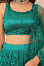Teal Net Lehenga Choli For Indian & Pakistani Wedding Festival - Sequins & Thread Embroidery Work, Pearl Work